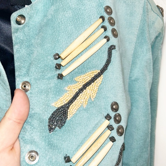 Vintage 💯 Suede Embellished Beaded Military Style Jacket Tiffany Blue SZ: Large - Picture 6 of 16